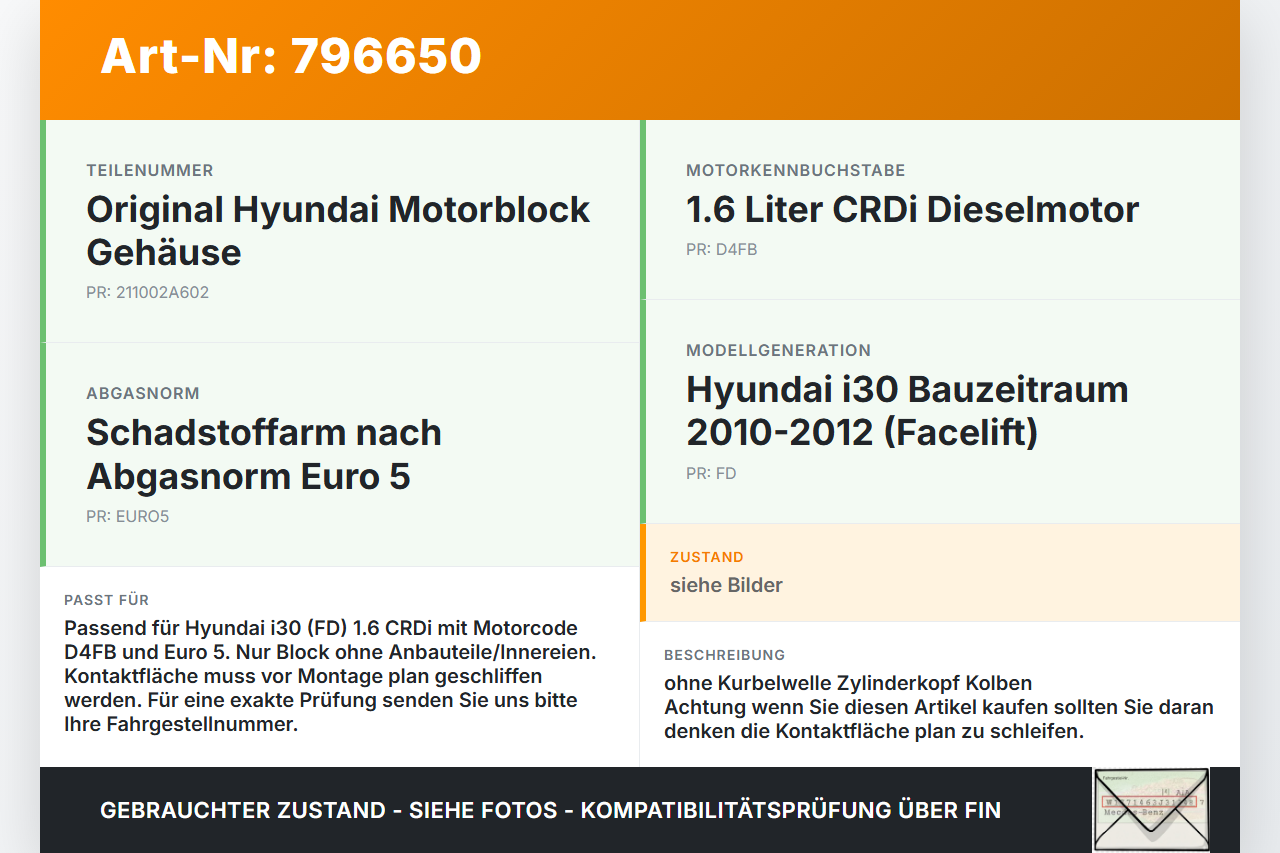 Hyundai I30 FD 10-12 CDRDi 1,6  D4FB R89A Motorblock für Motor Hyundai I30 FD 10-12 30.09.2011 211002A602 gebraucht Vorschau 3
