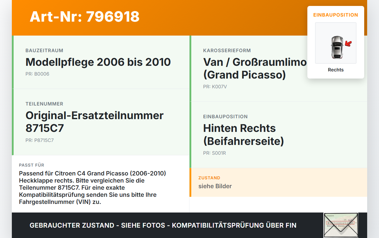 Citroen C4 Grand Picasso 06-10 Van Scharniere Scharnier für Heckklappe Rechts Citroen C4 Grand Picasso 06-10... Vorschau 3
