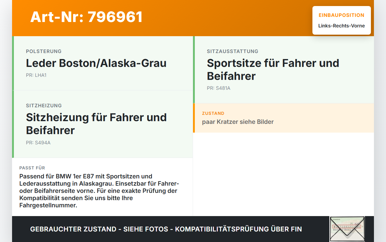 BMW 1er E87 120i 04-07 5T Leder Kopfstütze für Beifahrer Sitz Rechts oder Links Vorne Alaskagrau BMW 1er E87 120i... Vorschau 3