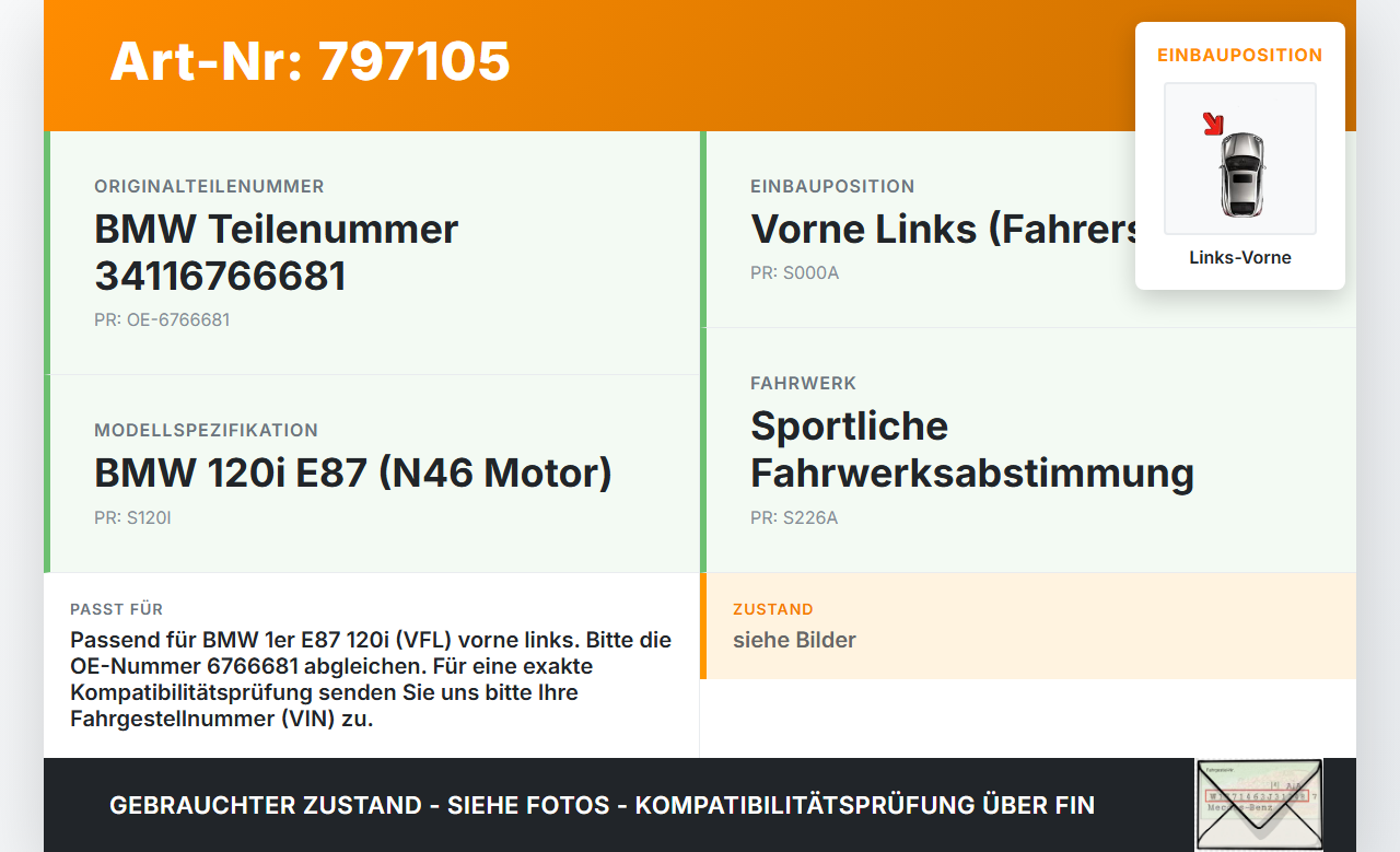 BMW 1er E87 120i 04-07 2,0 110KW Bremssattel Bremszange Vorne Links BMW 1er E87 120i 04-07 24.05.2004 3411-6766681... Vorschau 3