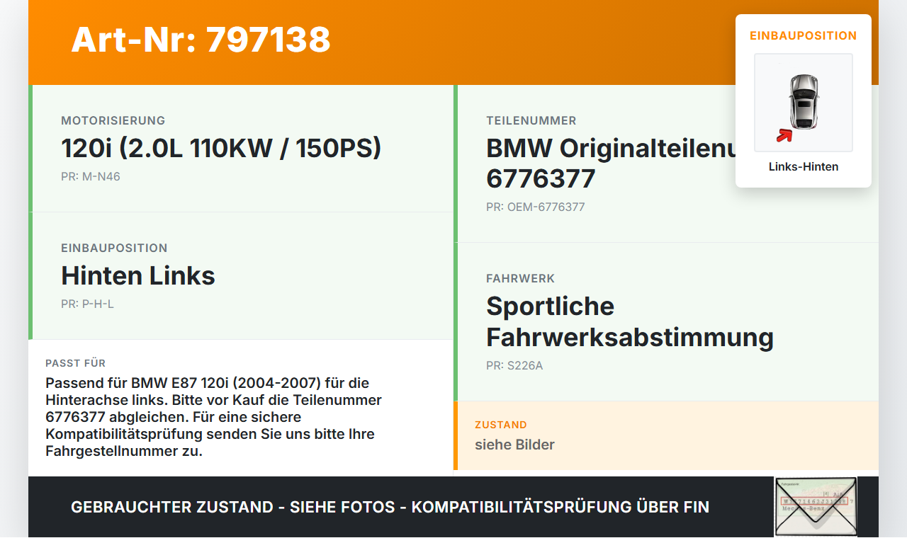 BMW 1er E87 120i 04-07 2,0 110KW Bremssattel Bremszange Hinten Links BMW 1er E87 120i 04-07 24.05.2004 3421-6776377... Vorschau 3