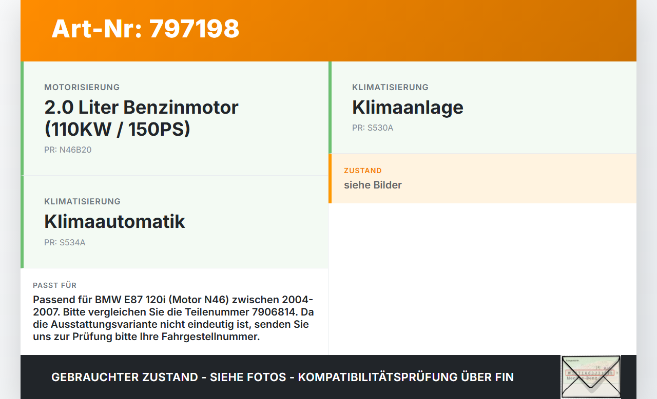 BMW 1er E87 120i 04-07 2,0 110KW Klimakompressor Klima Kompressor BMW 1er E87 120i 04-07 24.05.2004 8FK351114-681... Vorschau 3