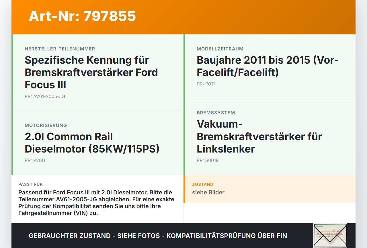 Ford Focus III 11-15 2,0 85KW Bremskraftverstärker Ford Focus III 11-15 26.02.2013 AV61-2005-JG BV61-2B195-AH... Vorschau 3