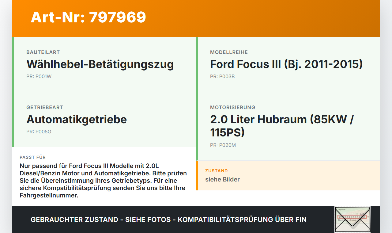 Ford Focus III 11-15 2,0 85KW Autom Schaltzug Schaltseilzug Schaltseil Ford Focus III 11-15 26.02.2013... Vorschau 3
