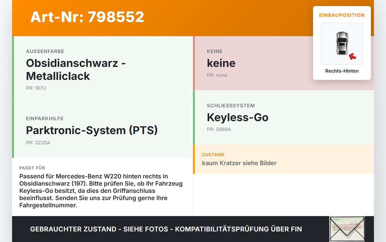 Mercedes S-Kl. W220 S320 02-05 Türgriff Griff aussen Rechts Hinten 197 Mercedes S-Kl. W220 S320 02-05 08.07.2004... Vorschau 3