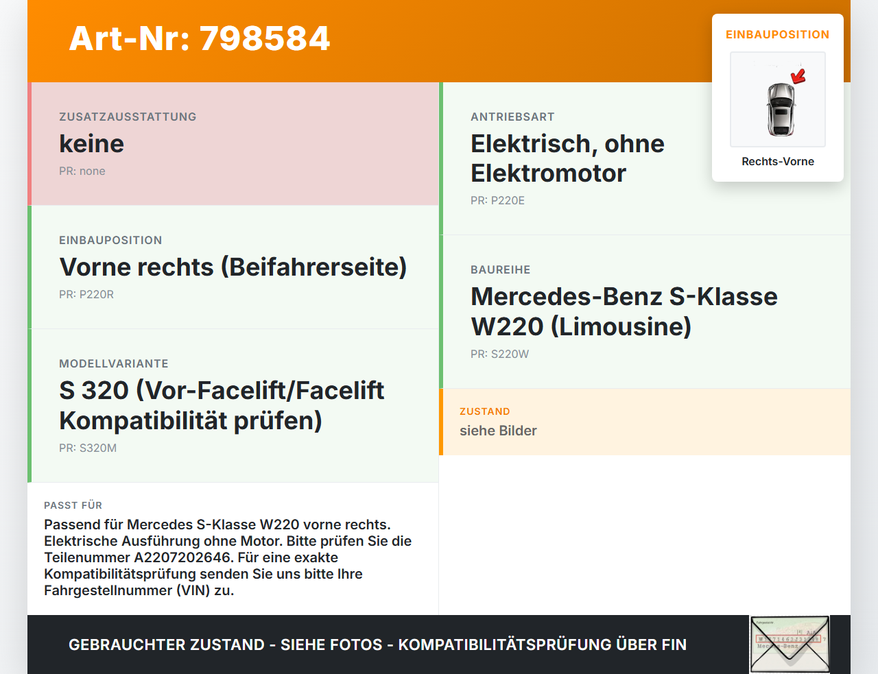 Mercedes S-Kl. W220 S320 02-05 Fensterheber o. FH-Motor Rechts Vorne Mercedes S-Kl. W220 S320 02-05 08.07.2004... Vorschau 3