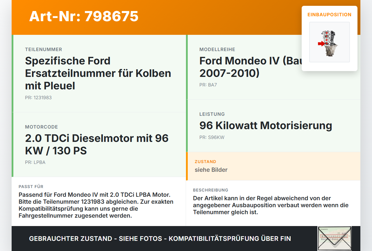 Ford Mondeo IV BA7 07-10 TDCi 2,0 96KW LPBA Kolben mit Pleuel Pos A Ford Mondeo IV BA7 07-10 07.11.2007... Vorschau 3