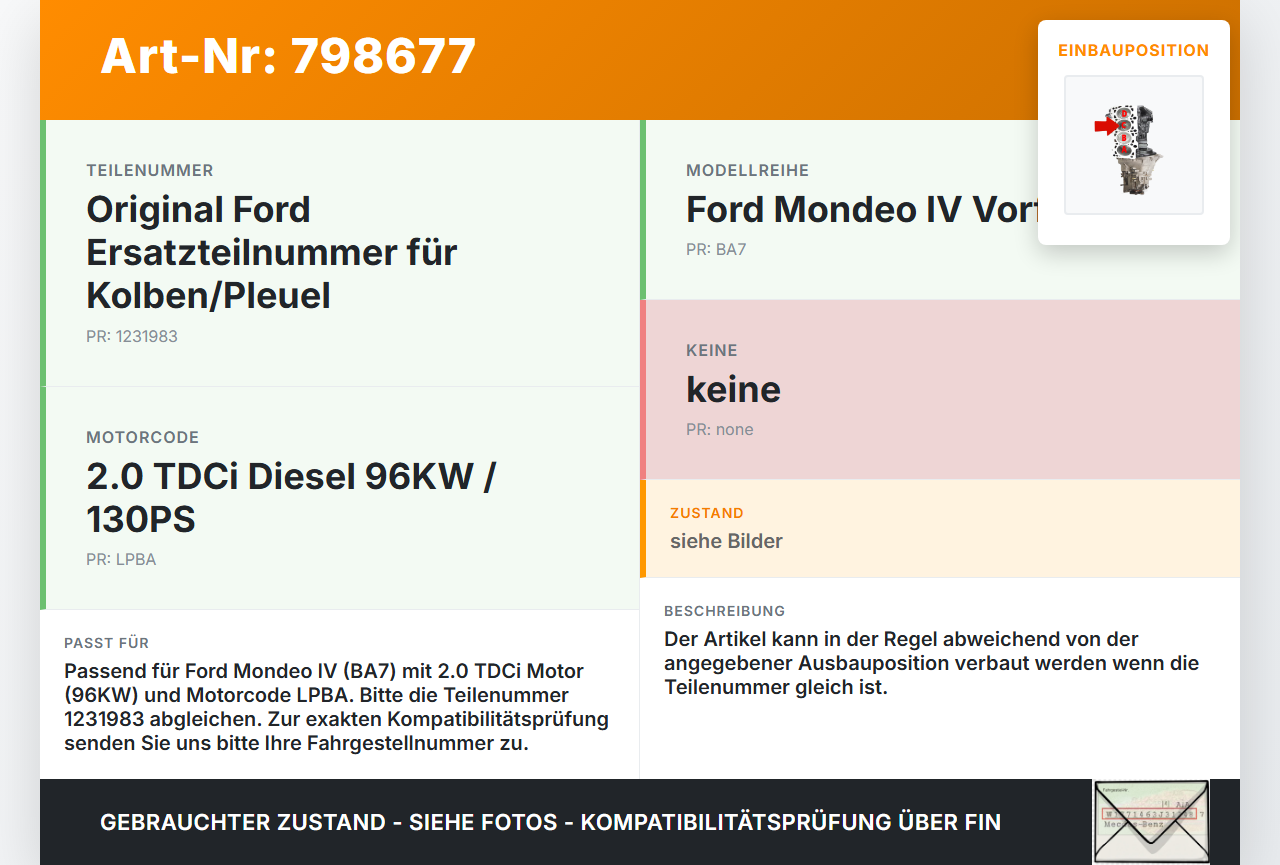 Ford Mondeo IV BA7 07-10 TDCi 2,0 96KW LPBA Kolben mit Pleuel Pos C Ford Mondeo IV BA7 07-10 07.11.2007... Vorschau 3
