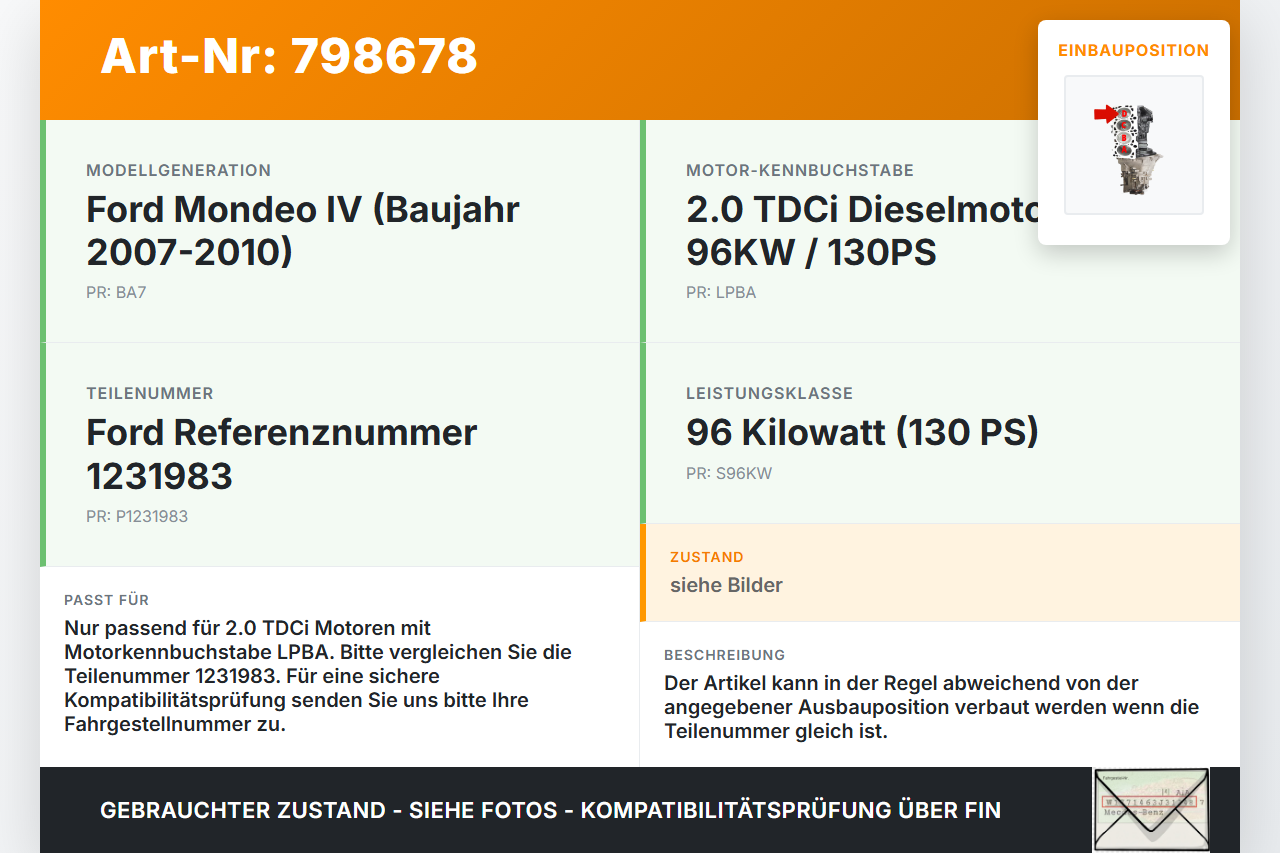 Ford Mondeo IV BA7 07-10 TDCi 2,0 96KW LPBA Kolben mit Pleuel Pos D Ford Mondeo IV BA7 07-10 07.11.2007... Vorschau 3