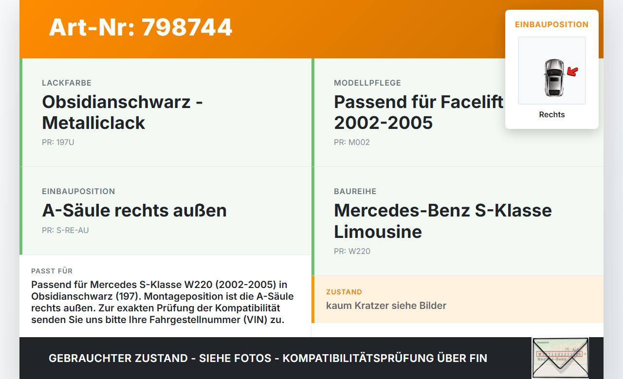 Mercedes S-Kl. W220 S320 02-05 Verkleidung Zierblende für A-Säule Rechts aussen 197 Mercedes S-Kl. W220 S320 02-05... Vorschau 3