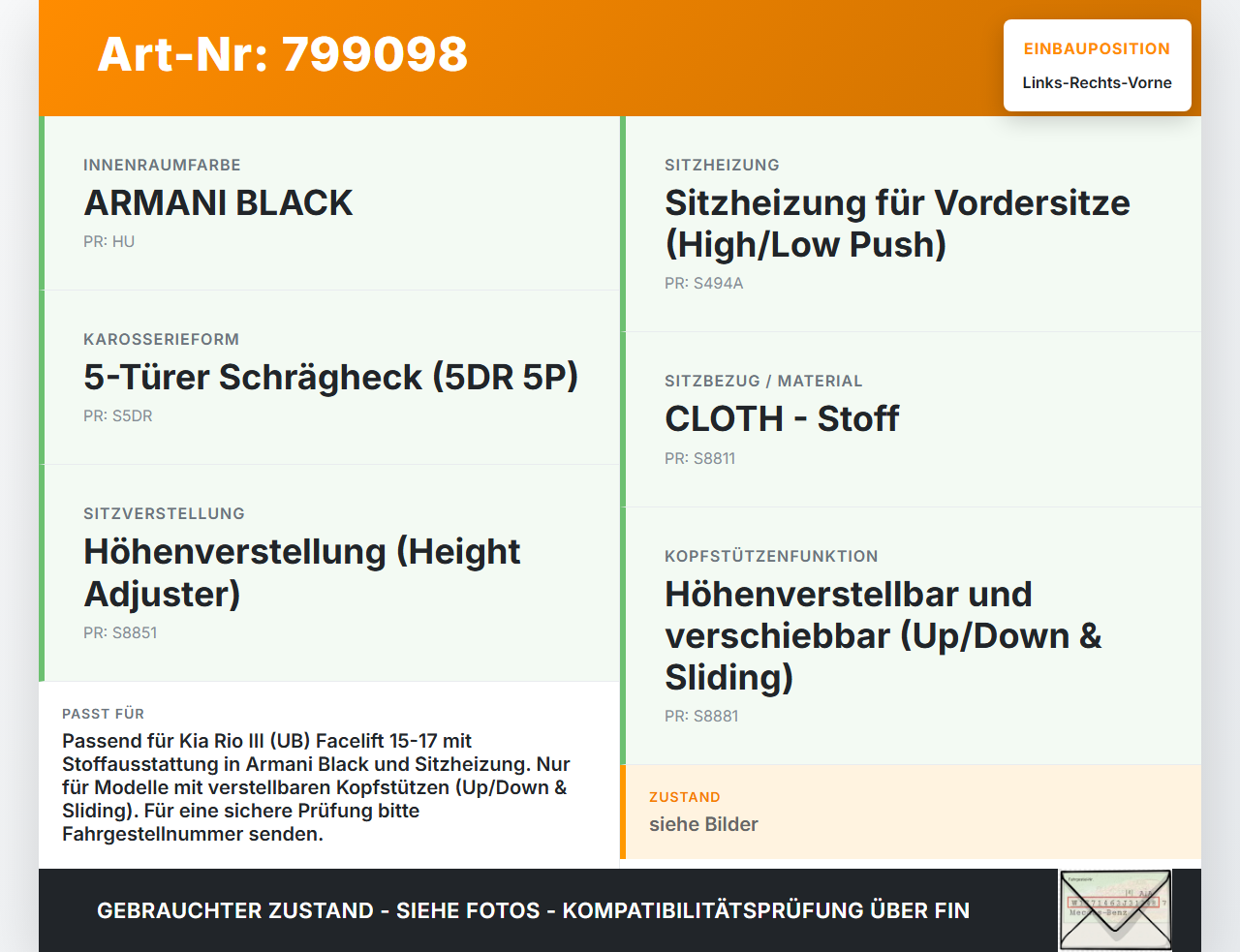 Kia Rio III UB 15-17 Kopfstütze für Fahrer Sitz Rechts oder Links Vorne Kia Rio III UB 15-17 21.05.2015... Vorschau 3