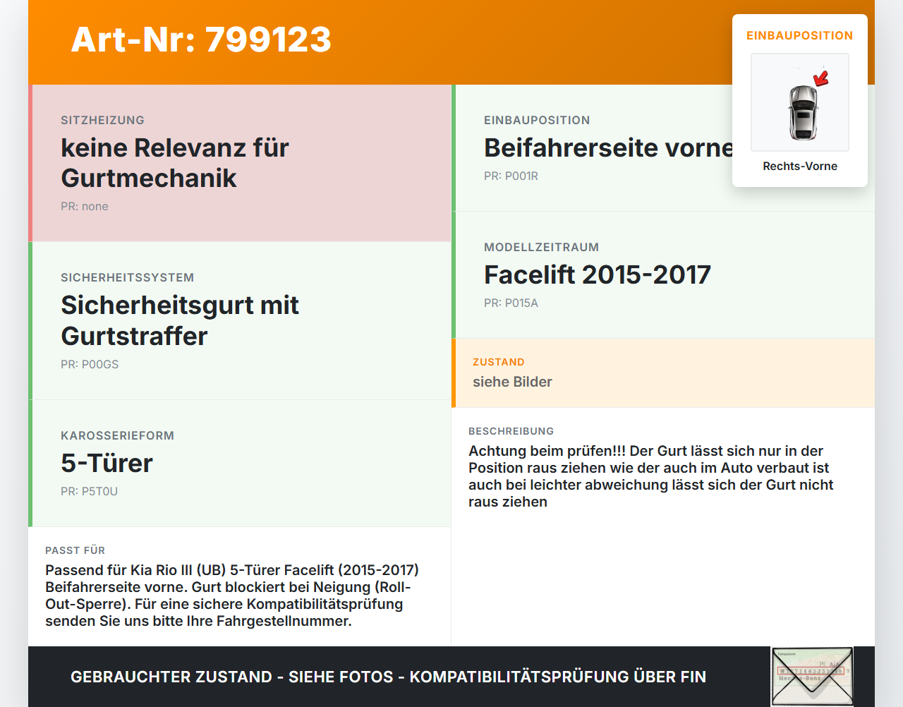 Kia Rio III UB 15-17 5T Gurt Sicherheitsgurt Gurtstraffer für Beifahrer Rechts Vorne Kia Rio III UB 15-17... Vorschau 3