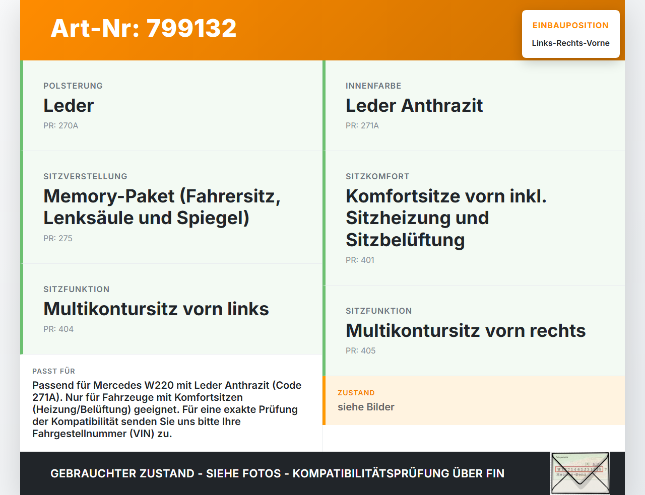 Mercedes S-Kl. W220 S320 02-05  Leder Kopfstütze für Beifahrer Sitz Rechts oder Links Vorne Anthrazit Mercedes... Vorschau 3