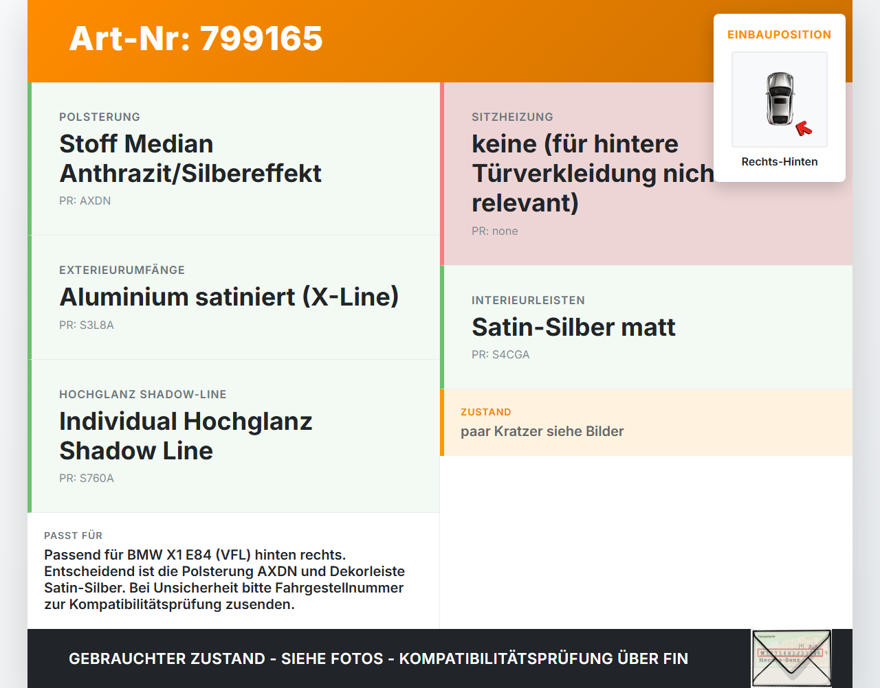 BMW X1 E84 X18D 09-12 Kombi Türverkleidung Türpappe Rechts Hinten BMW X1 E84 X18D 09-12 23.02.2012 7327242... Vorschau 3