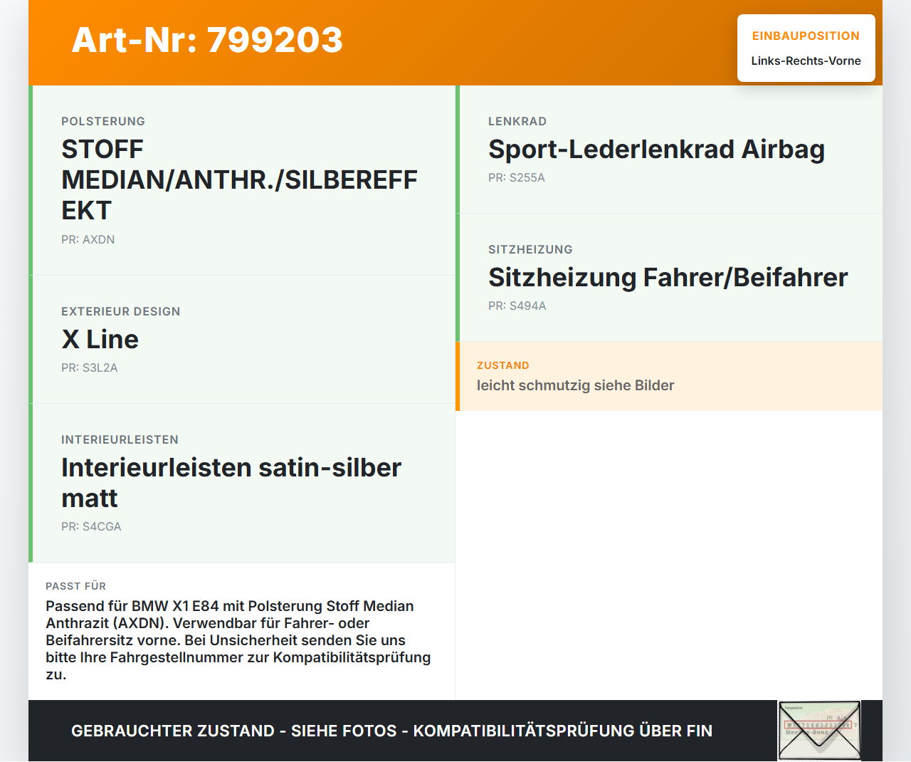 BMW X1 E84 X18D 09-12 Kopfstütze für Fahrer Sitz Rechts oder Links Vorne BMW X1 E84 X18D 09-12 23.02.2012... Vorschau 3