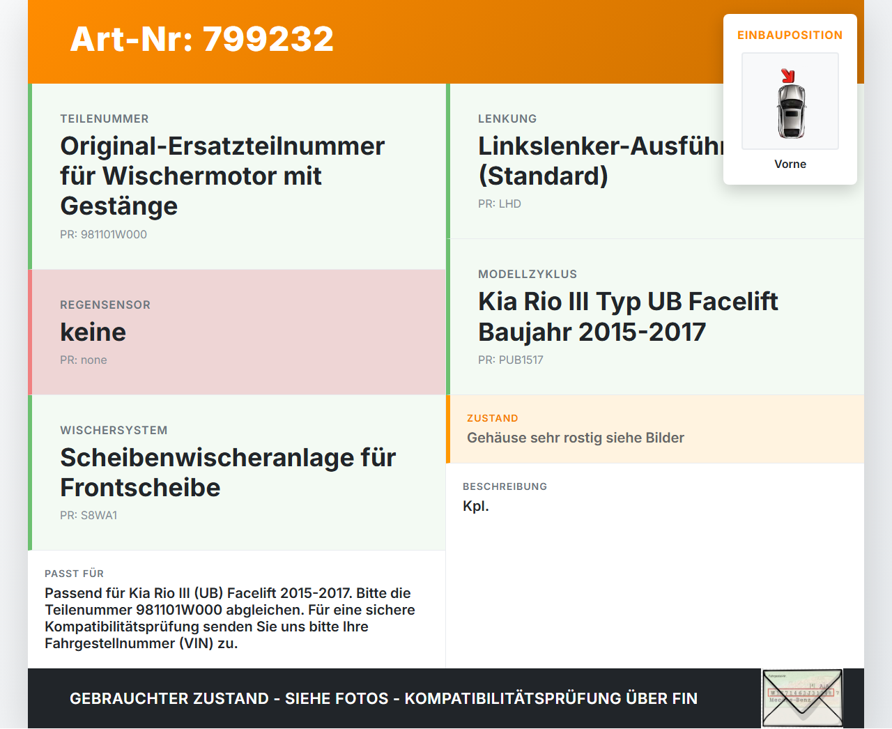 Kia Rio III UB 15-17 Wischermotor m. Wischergestänge Vorne Kia Rio III UB 15-17 21.05.2015 981101W000 98100-1W000... Vorschau 3