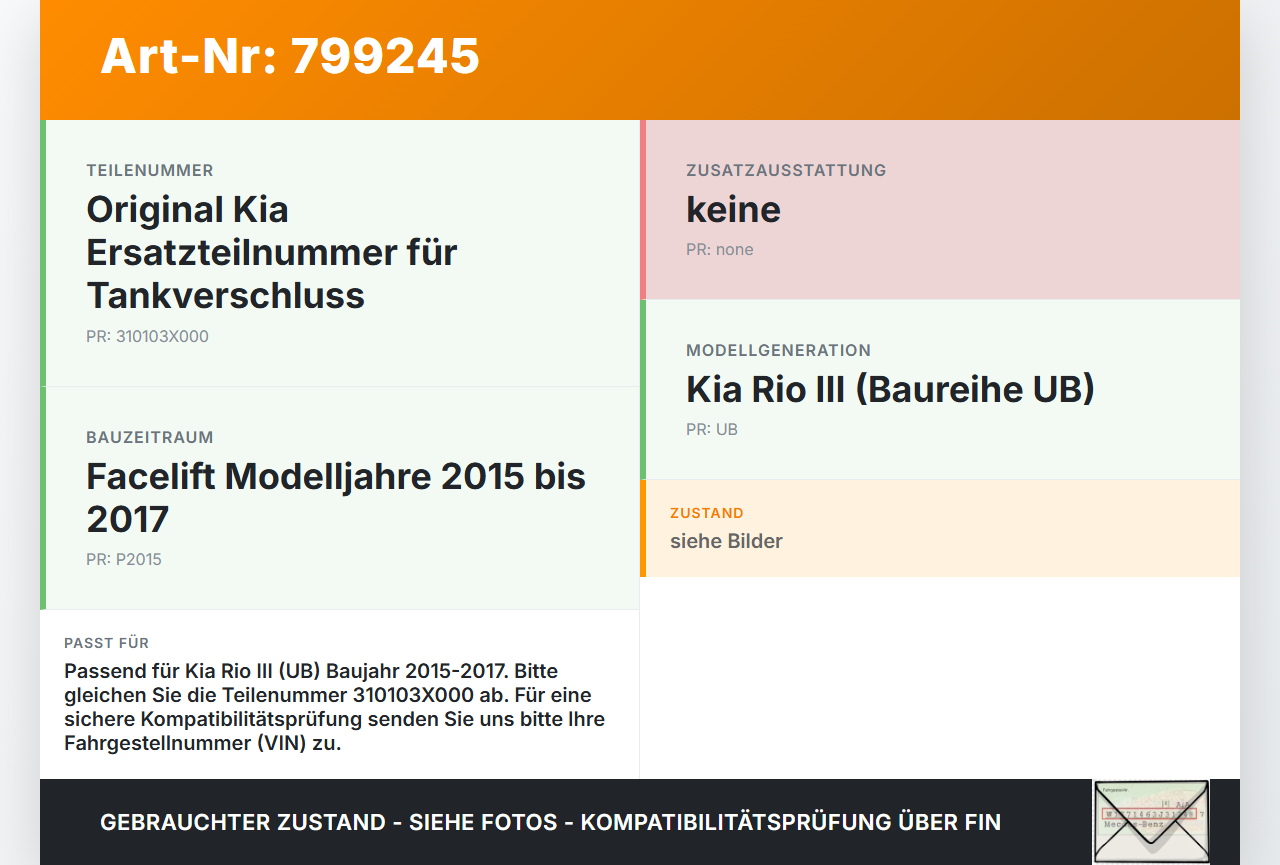 Kia Rio III UB 15-17 Tankdeckel Verschluss Tankverschluss Kia Rio III UB 15-17 21.05.2015 310103X000 gebraucht Vorschau 3