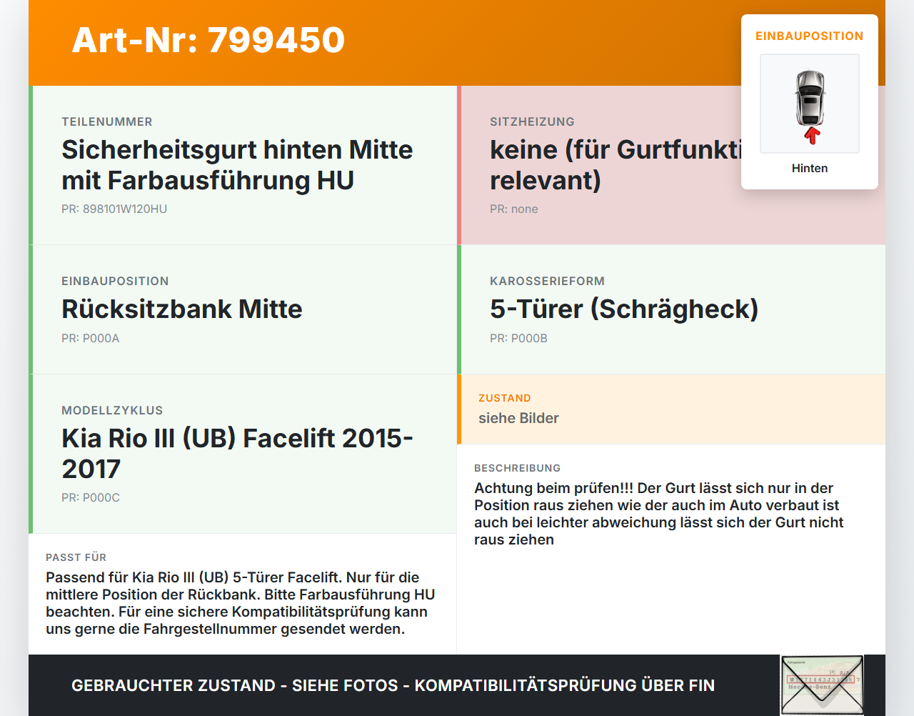 Kia Rio III UB 15-17 5T Gurt Sicherheitsgurt Mitte Hinten Kia Rio III UB 15-17 21.05.2015 898101W120HU 89810-1W120... Vorschau 3