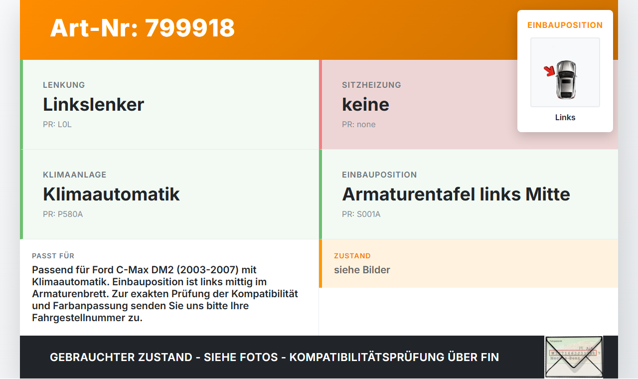 Ford C-Max DM2 03-07 Luftdusche Luftdüse Links Mitte Ford C-Max DM2 03-07 02.02.2004 R014L21 3M51-R014L21-AE gebraucht Vorschau 3