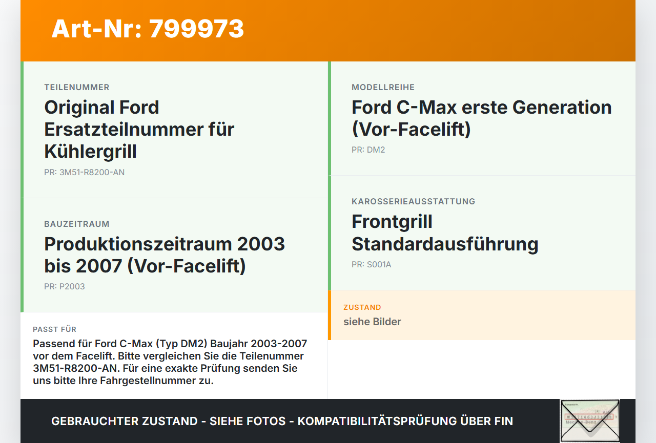 Ford C-Max DM2 03-07 Frontgrill Kühlergrill Grill Ford C-Max DM2 03-07 02.02.2004 3M51-R8200-AN 3M51-R8138-AG gebraucht Vorschau 3