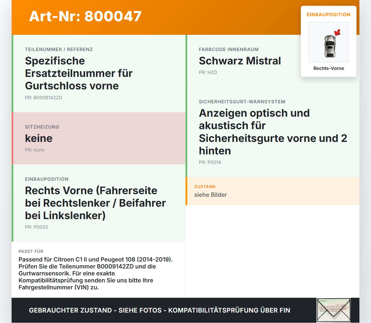 Citroen C1 II 108 14-19 3T Gurtschloss Rechts Vorne Citroen C1 II 108 14-19 01.02.2017 B0009142ZD gebraucht Vorschau 3