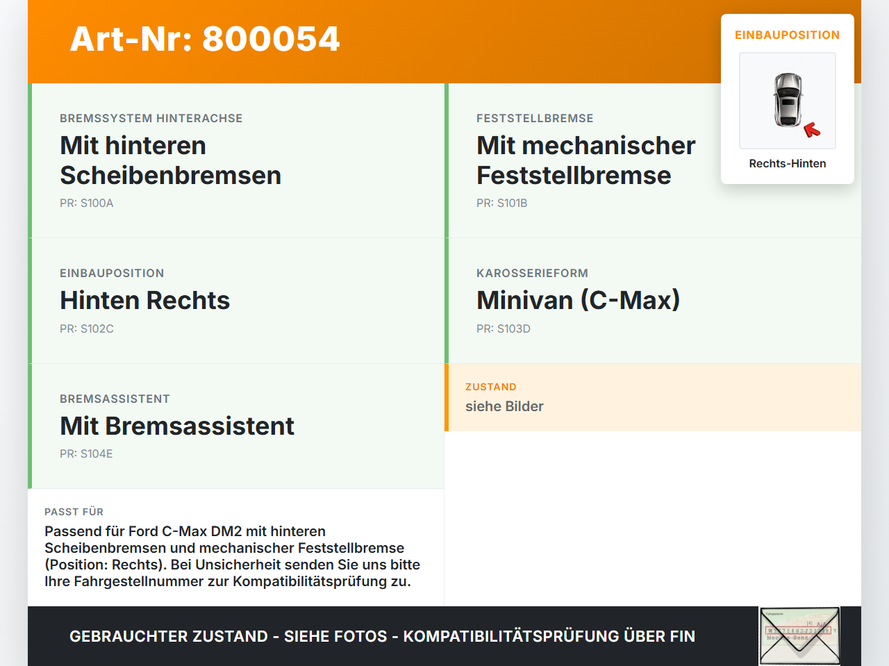 Ford C-Max DM2 03-07 1,6 Bremssattel Bremszange Hinten Rechts Ford C-Max DM2 03-07 02.02.2004 RM3M51-2M088-BA... Vorschau 3