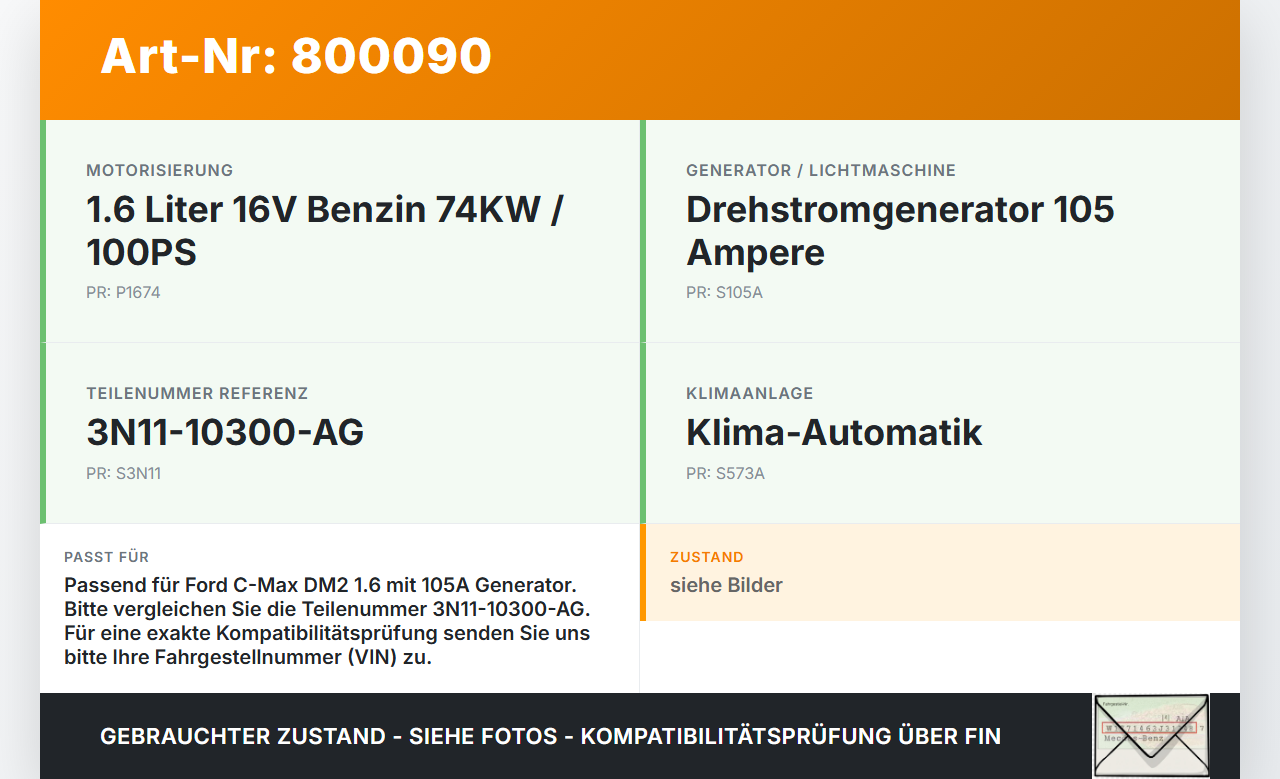 Ford C-Max DM2 03-07 1,6 74KW Lichtmaschine Generator 105A Ford C-Max DM2 03-07 02.02.2004 3N11-10300-AG... Vorschau 3