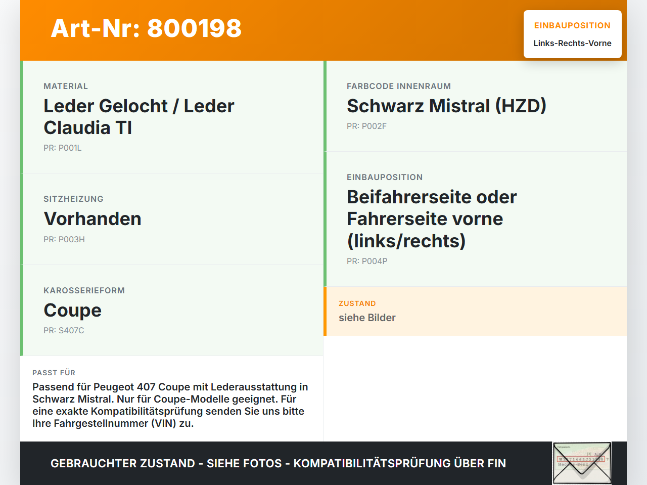 Peugeot 407 Coupe 05-11 Coupe Leder Kopfstütze für Beifahrer Sitz Rechts oder Links Vorne Peugeot 407 Coupe 05-11... Vorschau 3