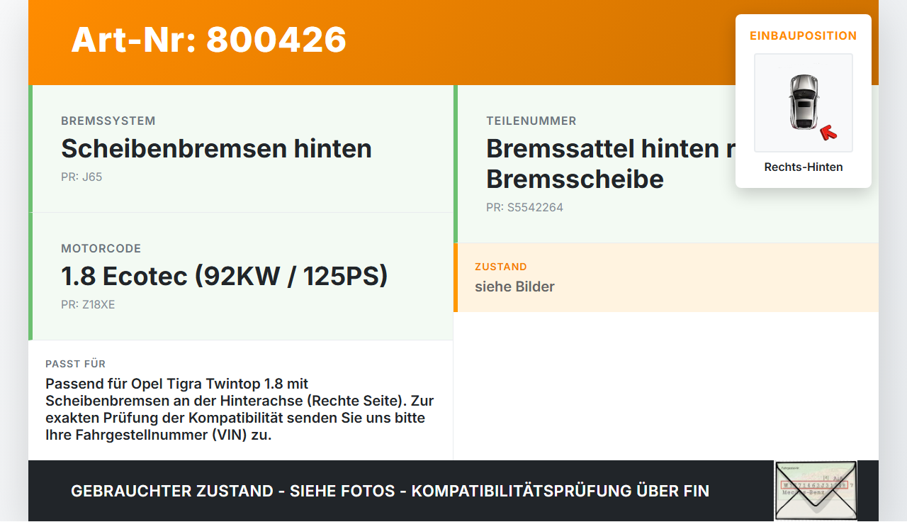 Opel Tigra Twintop 04-09  1,8 92KW Bremssattel Bremszange Hinten Rechts Opel Tigra Twintop 04-09 30.03.2007 9200128... Vorschau 3