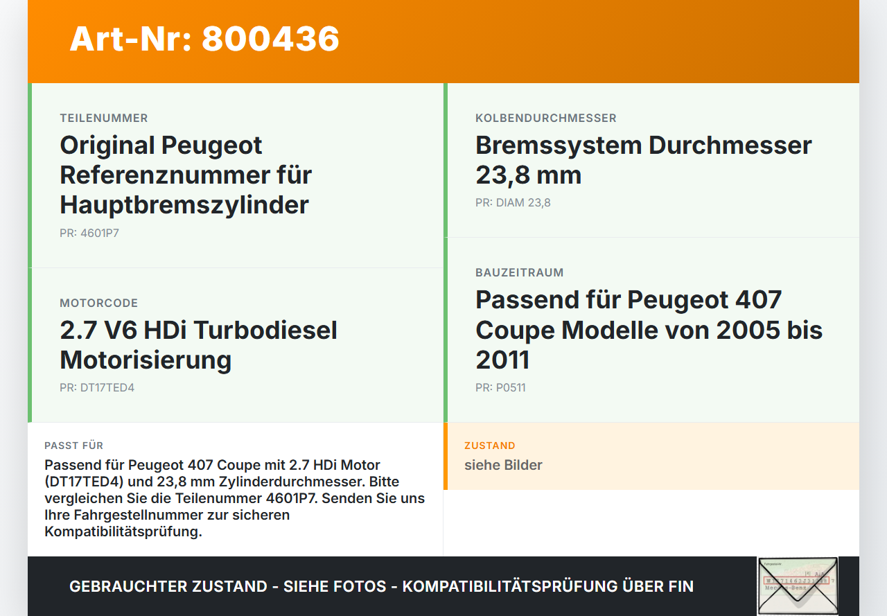 Peugeot 407 Coupe 05-11 Hauptbremszylinder Bremszylinder Peugeot 407 Coupe 05-11 01.02.2005 4601P7 gebraucht Vorschau 3