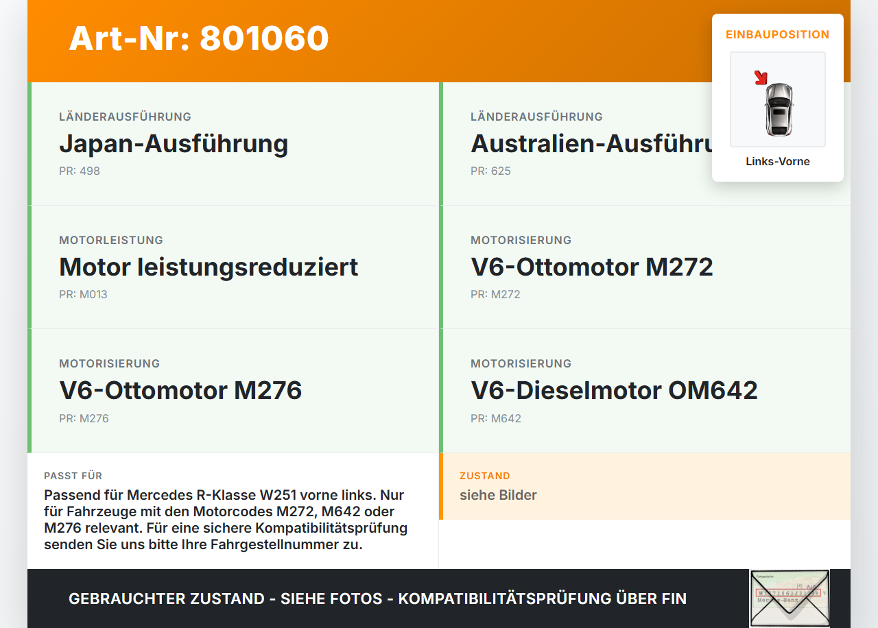 Mercedes R320 W251 06-10 CDI 3,0 165KW Bremssattel Bremszange Vorne Links Mercedes R320 W251 06-10 04.07.2006... Vorschau 3