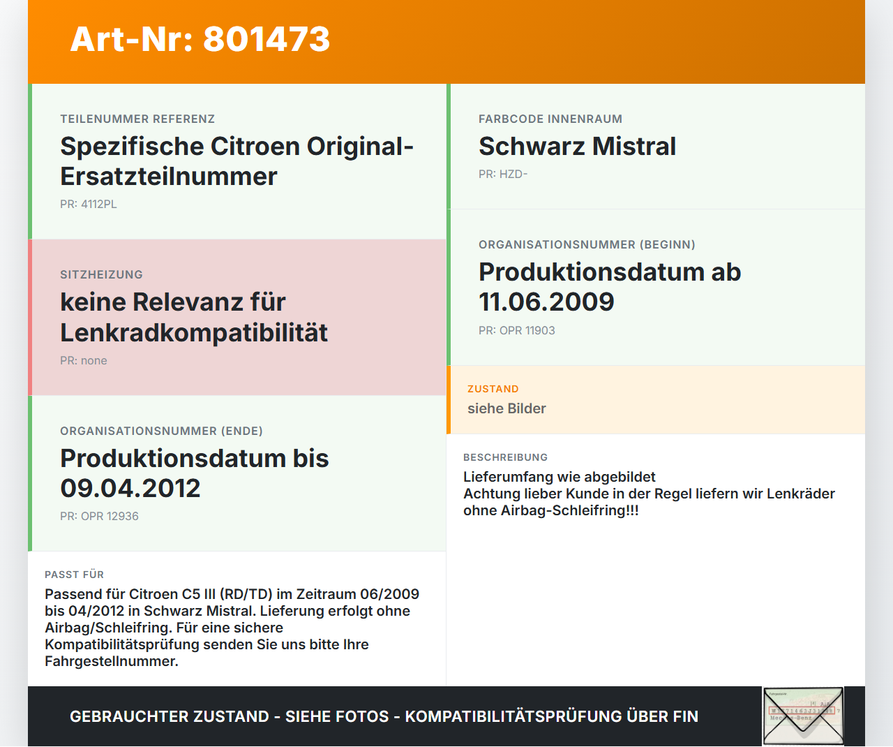 Citroen C5 III RD TD 08-12 Lenkrad Airbaglenkrad Citroen C5 III RD TD 08-12 01.05.2011 4112PL 96877137ZD 34108303A... Vorschau 3