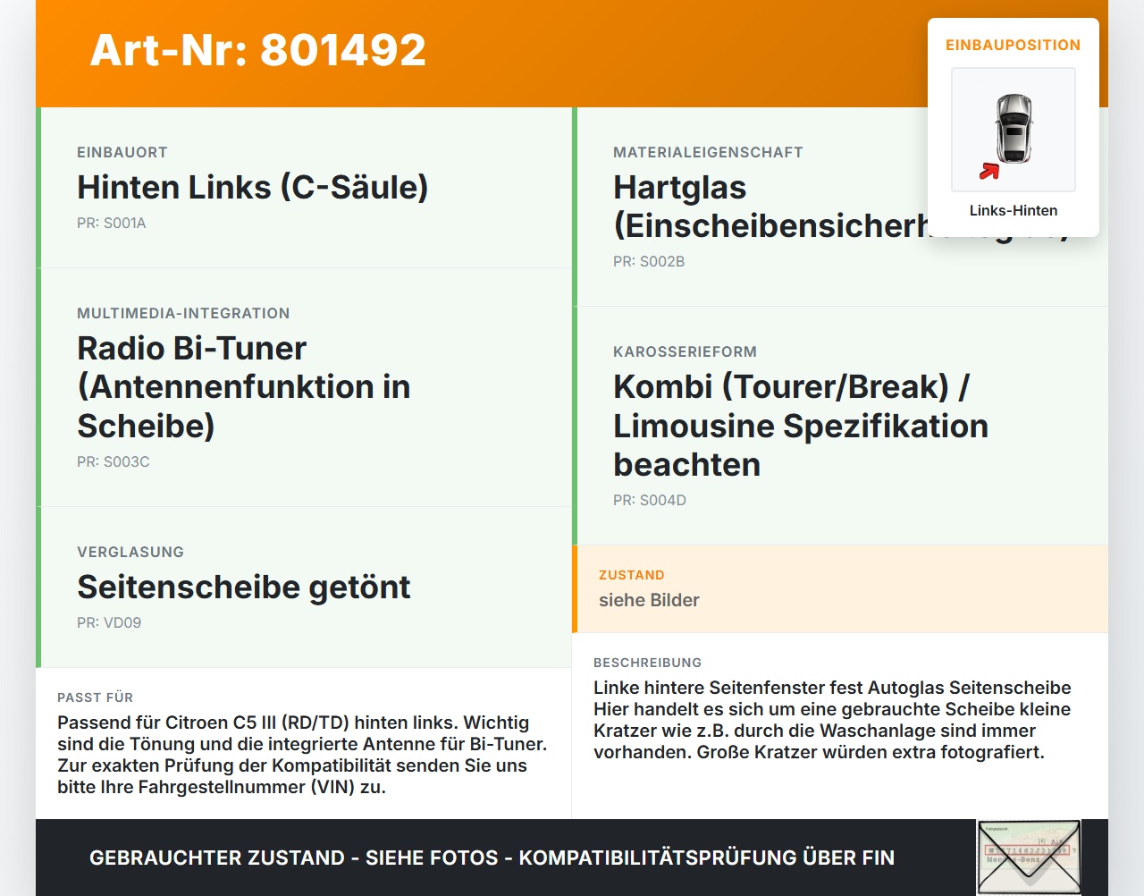 Citroen C5 III RD TD 08-12 Kombi Feste Seitenscheibe Scheibe Links Hinten Orig. getönt Citroen C5 III RD TD 08-12... Vorschau 3
