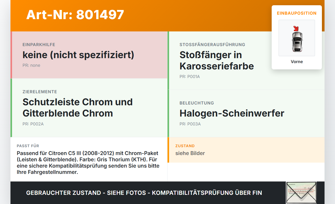 Citroen C5 III RD TD 08-12 Lufteinlassgitter Stoßstange Stoßfänger Vorne KTH Citroen C5 III RD TD 08-12 01.05.2011... Vorschau 3
