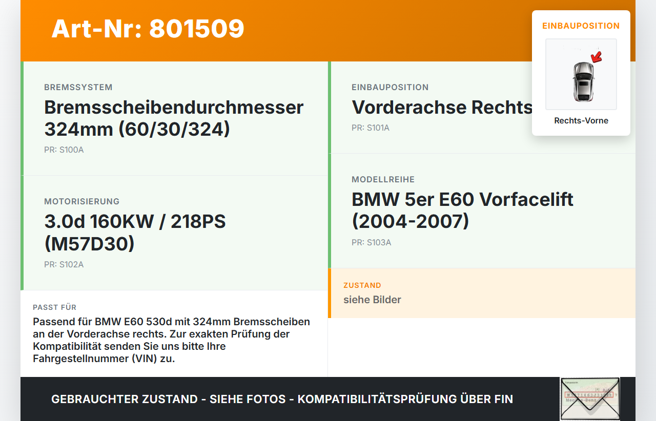 BMW E60 530d 5er 04-07 3,0d 160KW Bremssattel Bremszange Vorne Rechts 60/30/324 BMW E60 530d 5er 04-07 20.04.2004... Vorschau 3