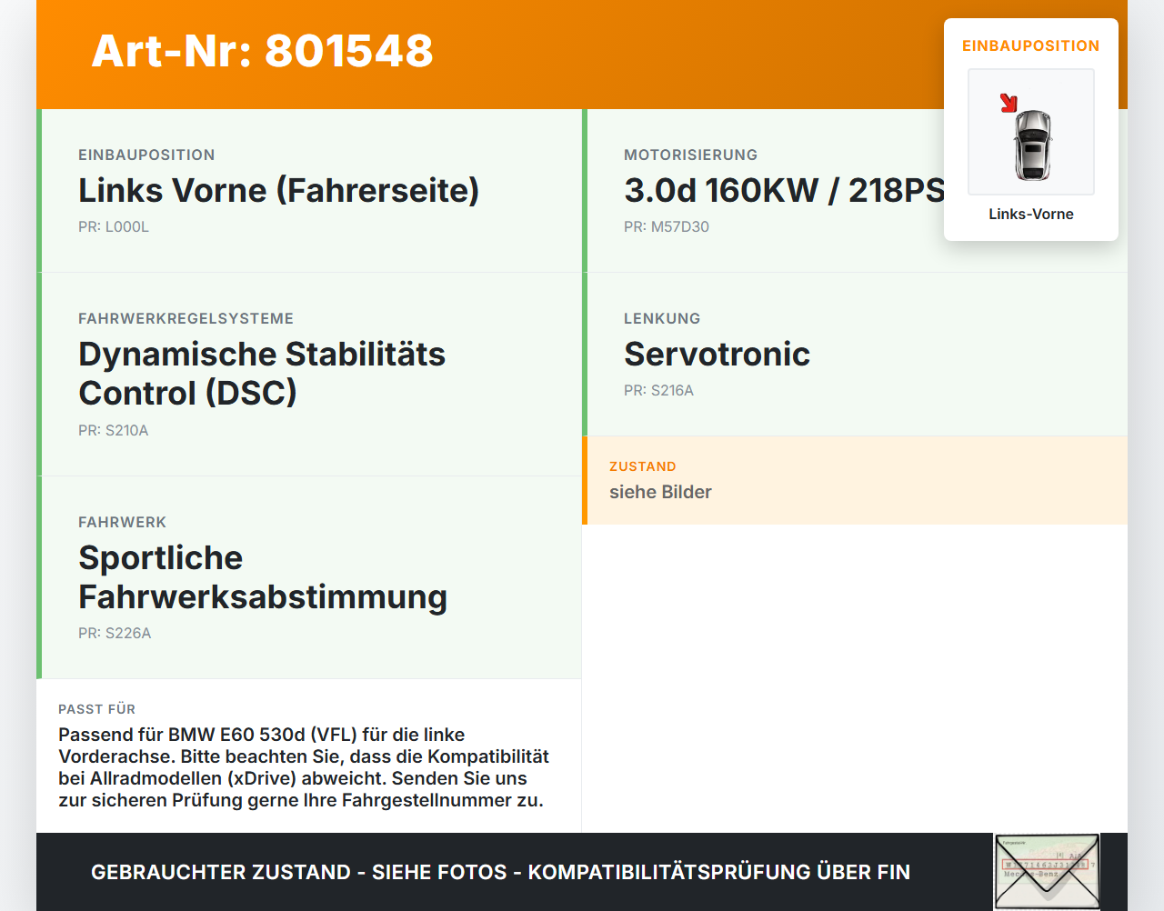 BMW E60 530d 5er 04-07 3,0d 160KW Achsschenkel Radnabe mit ABS Links Vorne BMW E60 530d 5er 04-07 20.04.2004... Vorschau 3