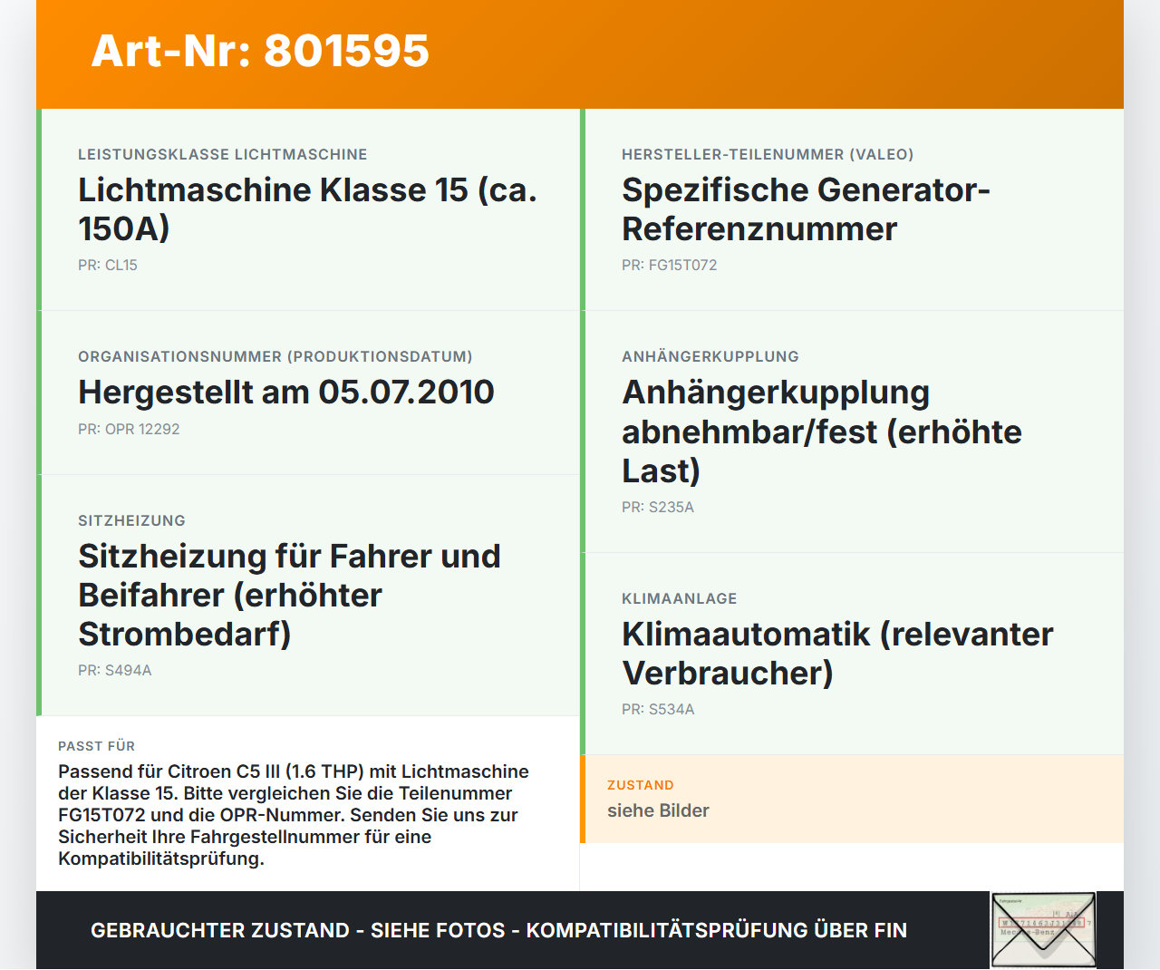 Citroen C5 III RD TD 08-12 1,6 115KW Lichtmaschine Generator CL15 Citroen C5 III RD TD 08-12 01.05.2011 5705NR... Vorschau 3