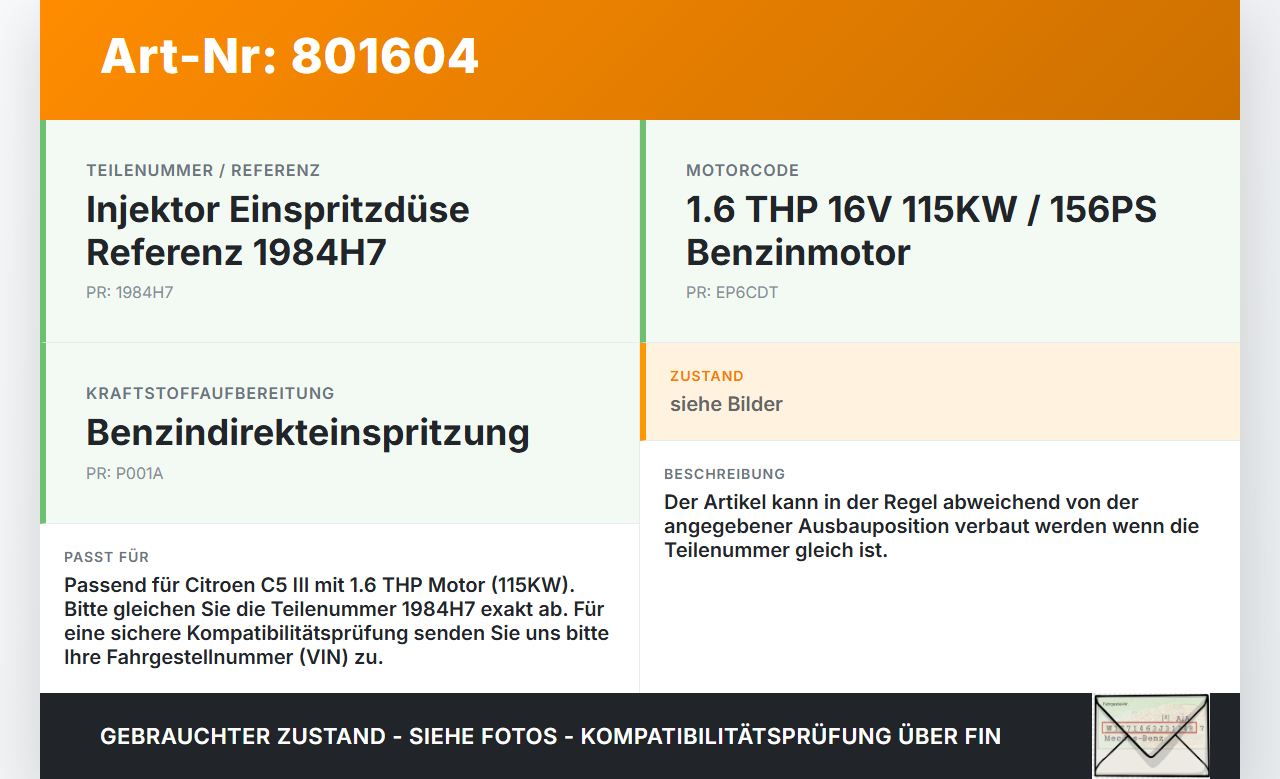 Citroen C5 III RD TD 08-12 1,6 115KW Injektor Einspritzdüse Zyl.1 Citroen C5 III RD TD 08-12 01.05.2011 1984H7... Vorschau 3