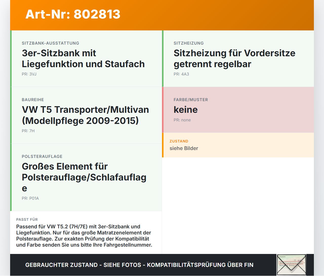VW T5.2 7H 7E 09-15 BiTDI 2,0 132KW Matratze Polsterauflage großes Element für Orig. Sitzbank VW T5.2 7H 7E 09-15... Vorschau 3