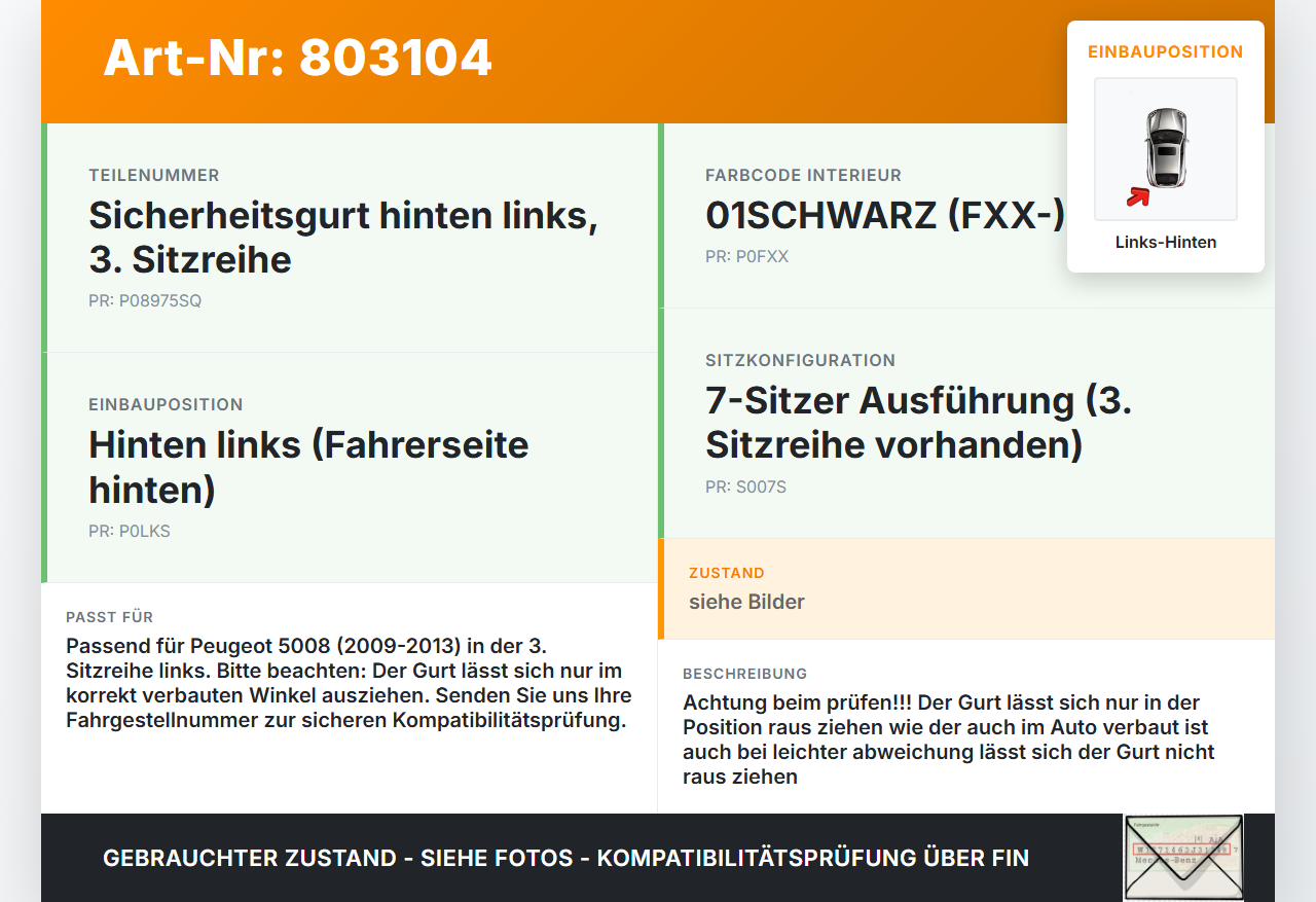 Peugeot 5008 09-13 Gurt Sicherheitsgurt 3. Reihe Links Hinten Peugeot 5008 09-13 01.02.2010 8975SQ gebraucht Vorschau 3