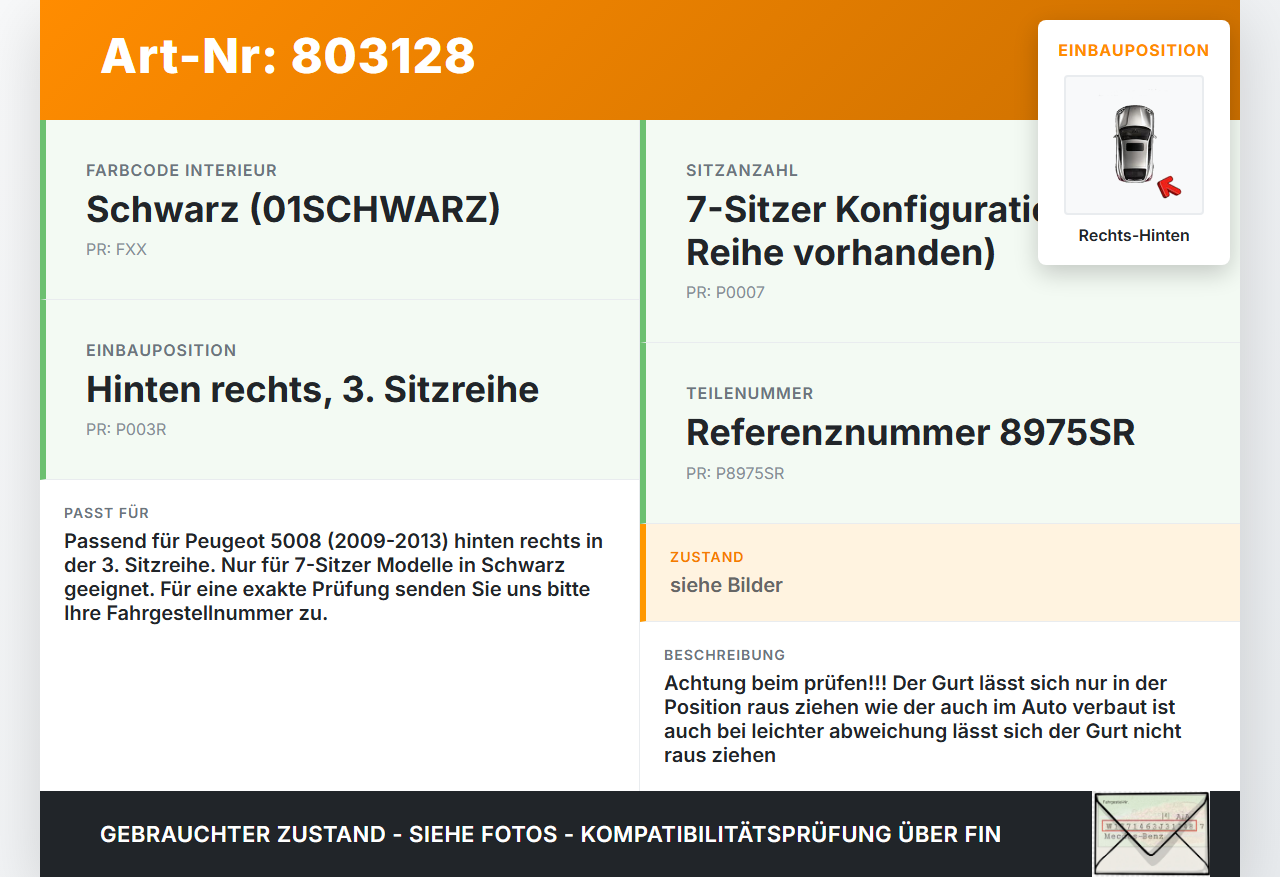 Peugeot 5008 09-13 Gurt Sicherheitsgurt Rechts Hinten 3te Reihe Peugeot 5008 09-13 01.02.2010 8975SR gebraucht Vorschau 3