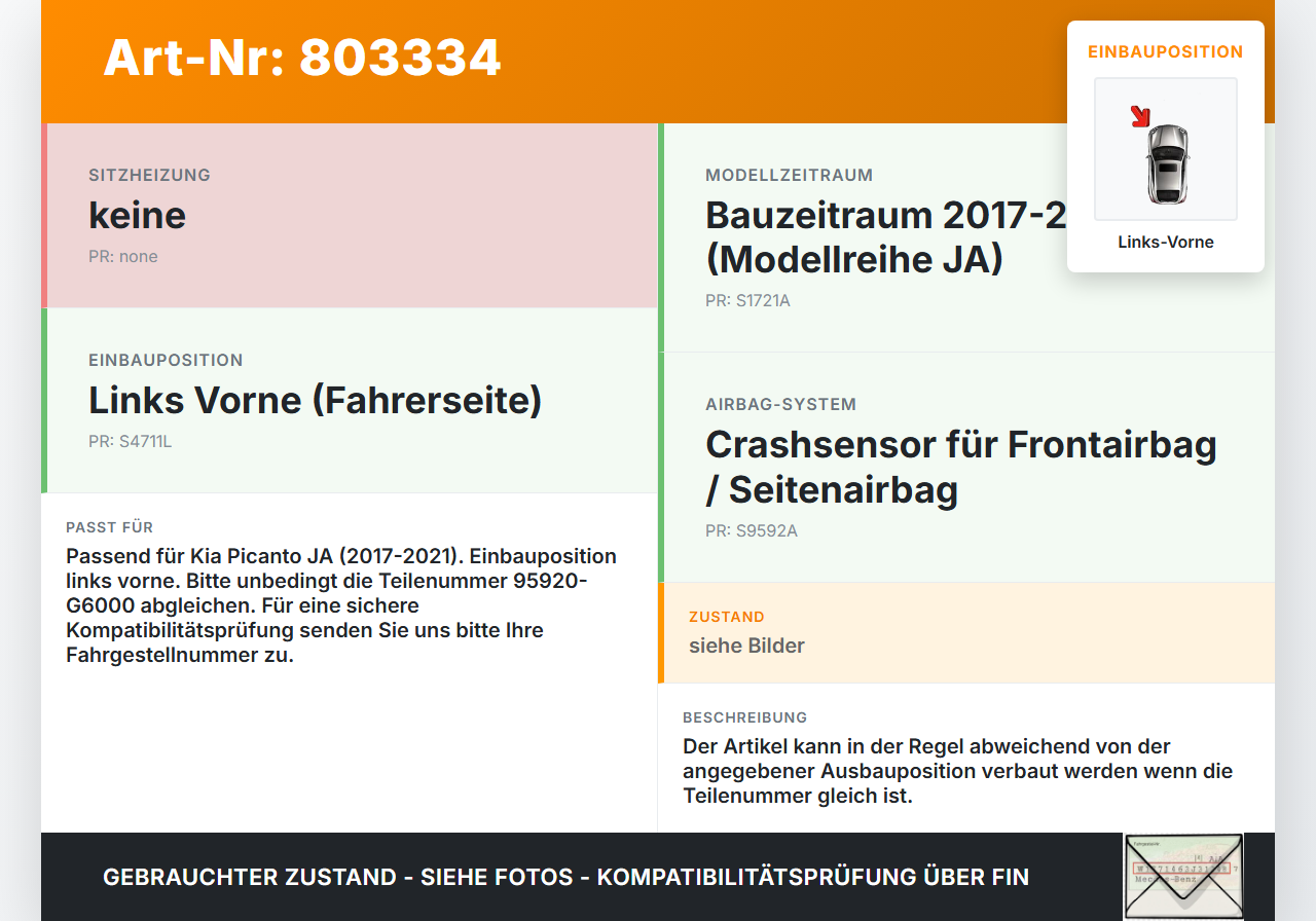 Kia Picanto JA 17-21 Sensor für Airbag Crashsensor Airbagsensor Links Vorne Kia Picanto JA 17-21 17.04.2018... Vorschau 3