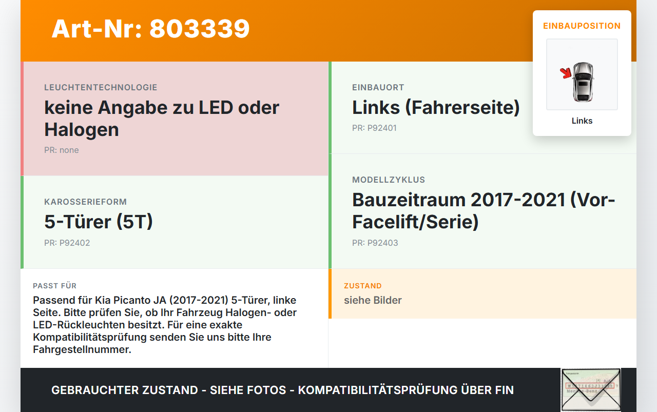 Kia Picanto JA 17-21 5T Rückleuchte Rücklicht Heckleuchte Links orig Kia Picanto JA 17-21 17.04.2018 92401G6000... Vorschau 3