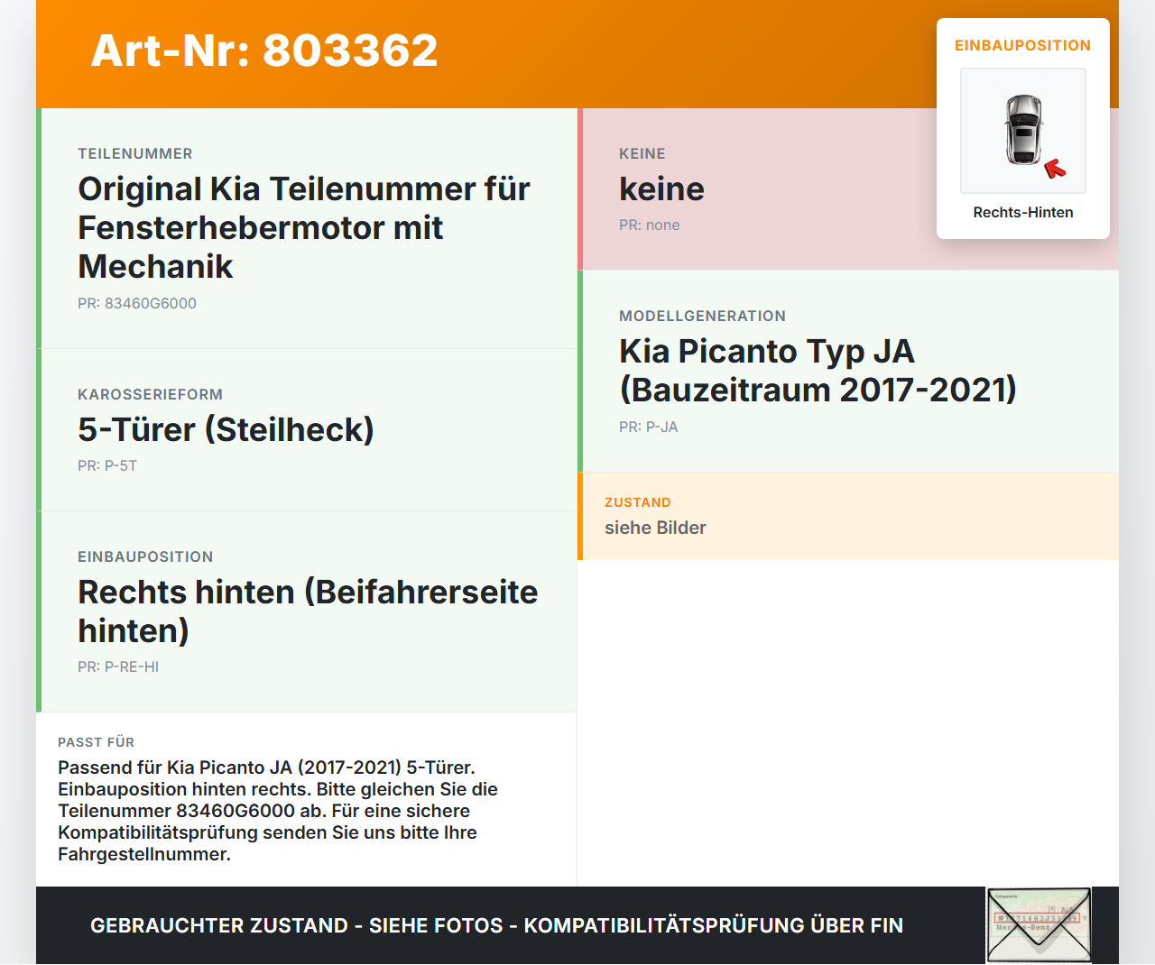 Kia Picanto JA 17-21 5T Fensterhebermotor mit Fensterheber Rechts Hinten Kia Picanto JA 17-21 17.04.2018 83460G6000... Vorschau 3