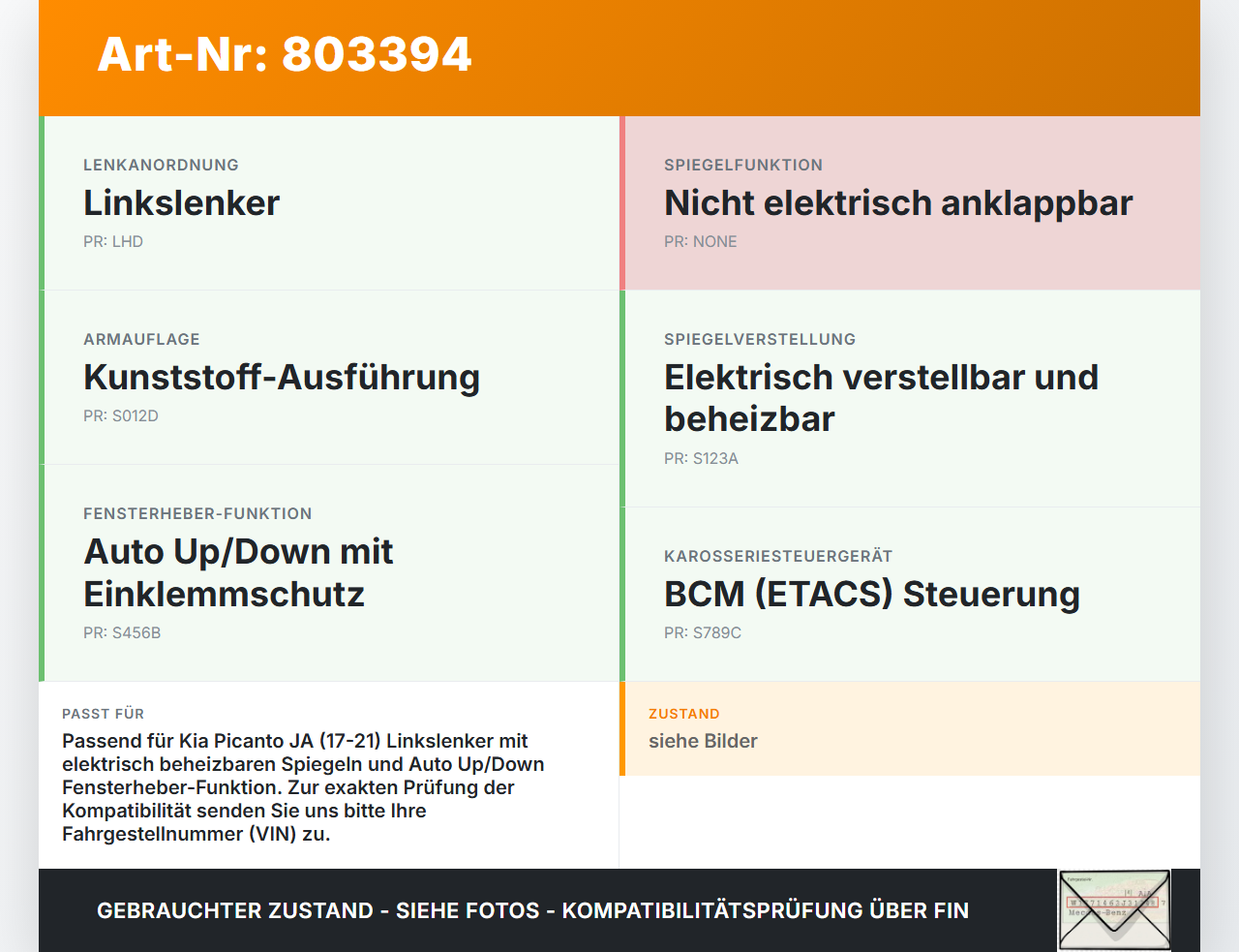 Kia Picanto JA 17-21 Spiegelverstellung Aussenspiegel Schalter Kia Picanto JA 17-21 17.04.2018 93530G6020... Vorschau 3