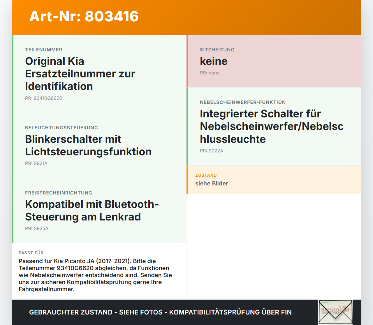 Kia Picanto JA 17-21 Blinkerschalter Lenkstockschalter Blinker Kia Picanto JA 17-21 17.04.2018 93410G6620... Vorschau 3