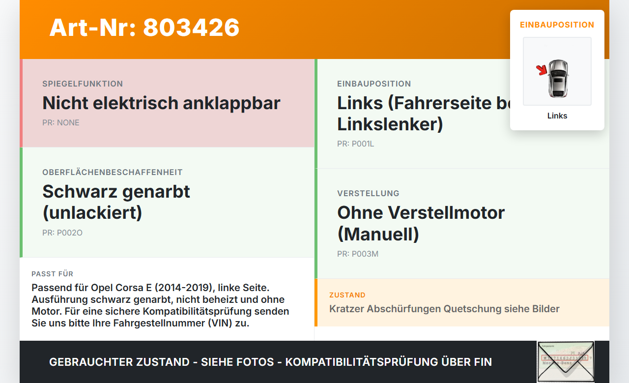 Opel Corsa E 14-19 Spiegel Aussenspiegel Links  GAZ Opel Corsa E 14-19 16.05.2018 13187615 6428245 gebraucht Vorschau 3