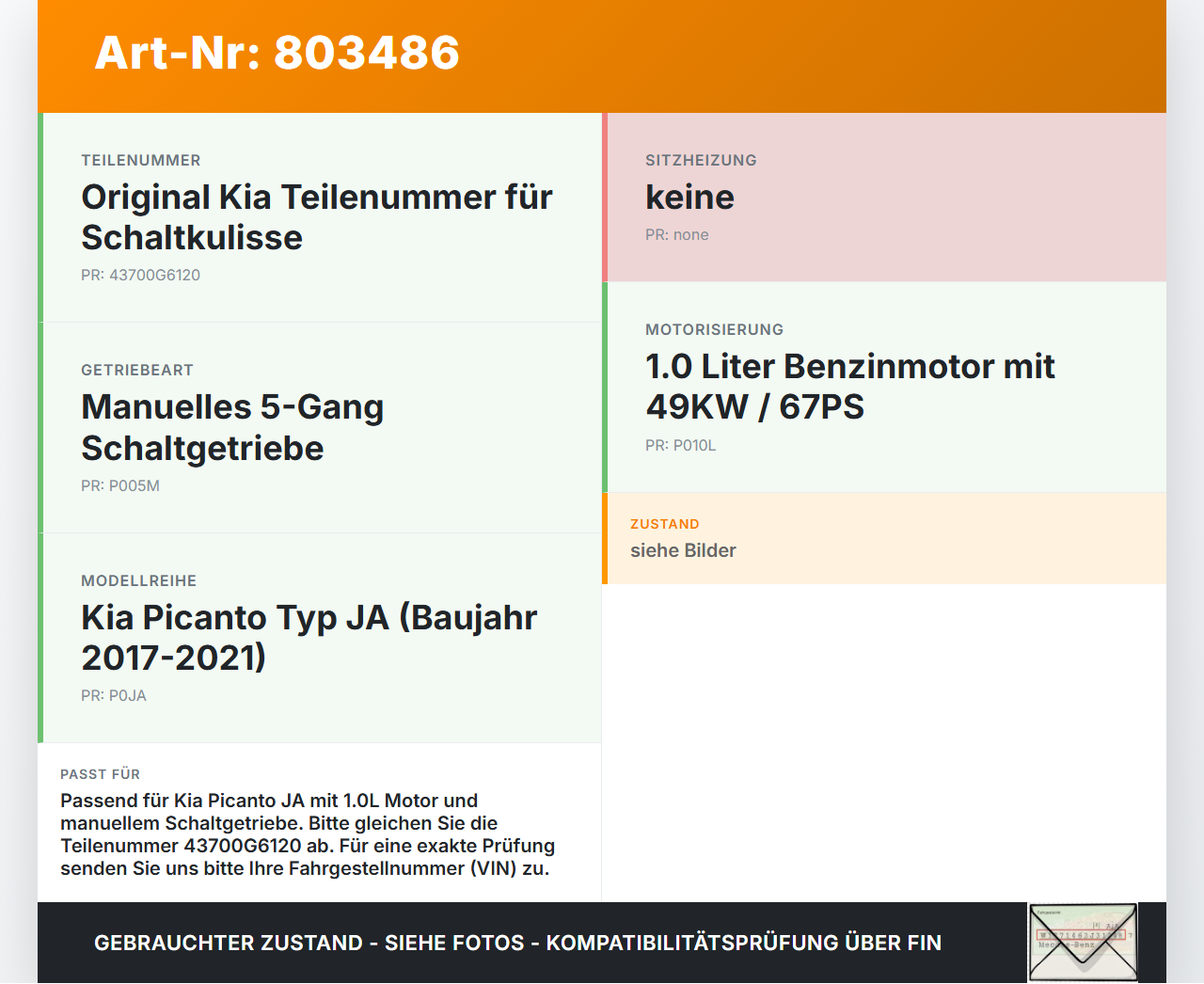 Kia Picanto JA 17-21 1,0 49KW Schaltkulisse Schalthebel Kia Picanto JA 17-21 17.04.2018 43700G6120 gebraucht Vorschau 3