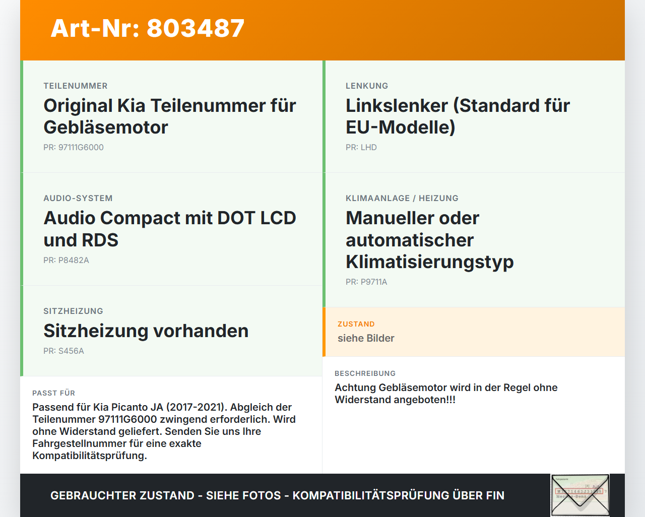 Kia Picanto JA 17-21 Gebläsemotor Lüftermotor Heizungsgebläse Kia Picanto JA 17-21 17.04.2018 97111G6000 F00S3B2562... Vorschau 3
