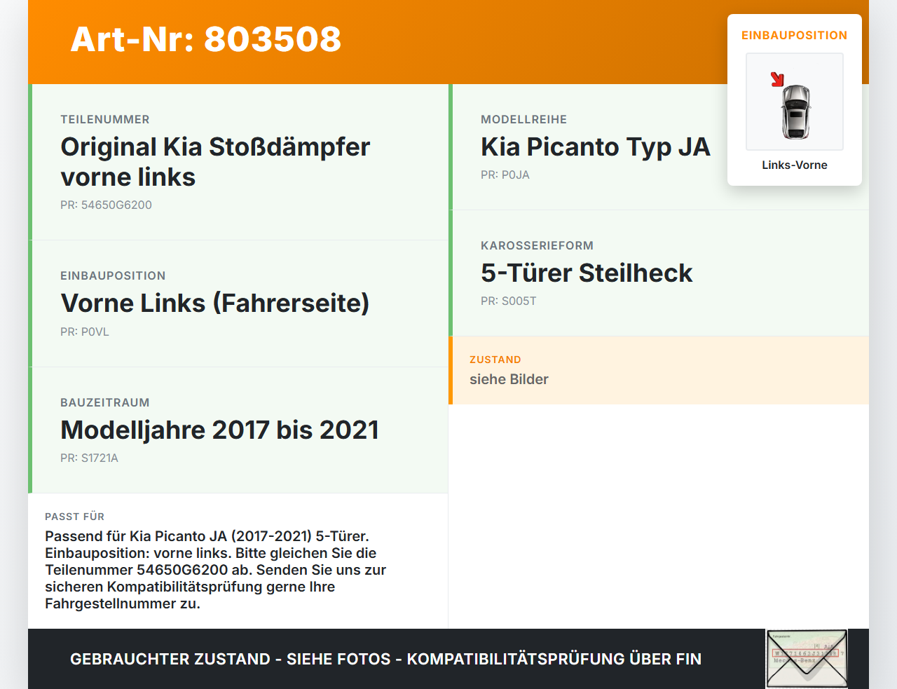 Kia Picanto JA 17-21 5T Stossdämpfer Federbein Vorne Links Kia Picanto JA 17-21 17.04.2018 54650G6200 gebraucht Vorschau 3